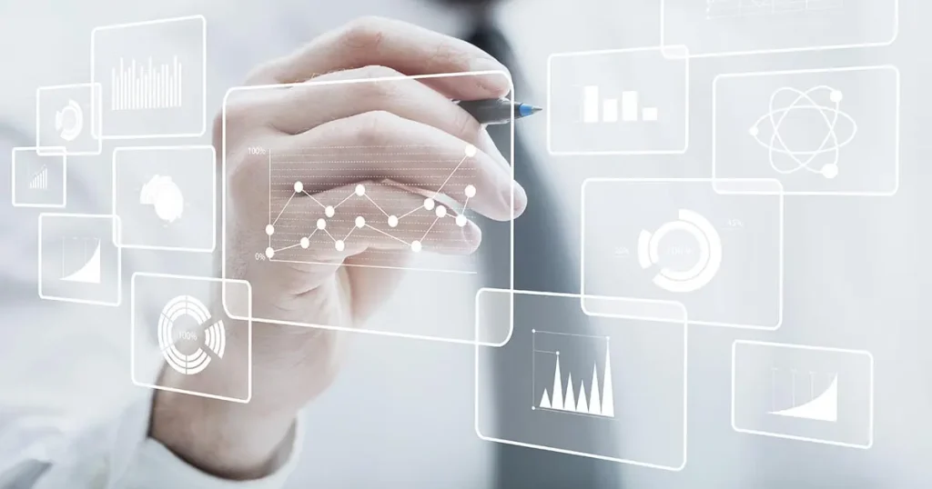 ビジネスマンの腕と、研究、分析を連想させるマークの画像